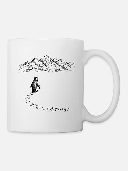 But why? Pinguin Meme Fußspuren Doodle Gekritzel - Tasse - Weiß