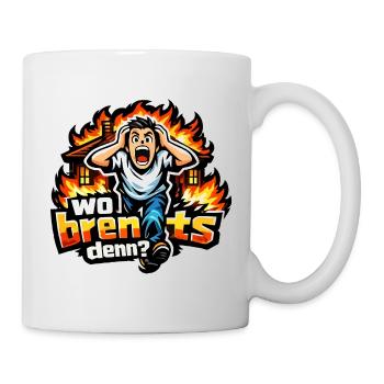 Feueralarm Cartoon mit Spruch: Wo brennts? - Tasse - Weiß - Rechts