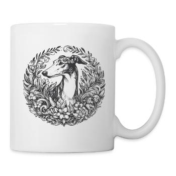 Galgoportrait im floralen Kranz - Tasse - Weiß - Rechts