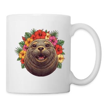 Seal with hibiscus flower wreath - Mug - white - Right