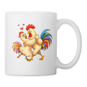 Hahn tanzt mit Huhn - Tasse - Weiß - Rechts