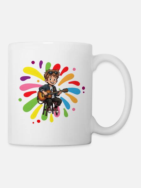 Guitar boy in front of colorful blobs of color - Mug - white