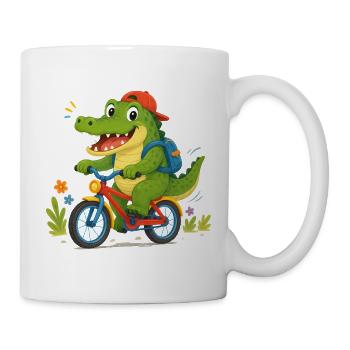 Fröhliches Krokodil fährt mit  Fahrrad zur Schule - Tasse - Weiß - Rechts