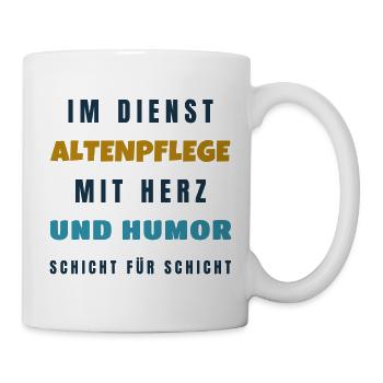 Altenpflege mit Herz und Humor - Geschenk Pflege - Tasse - Weiß - Rechts