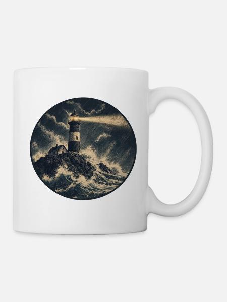 Leuchtturm im Sturm auf Felsen - Tasse - Weiß