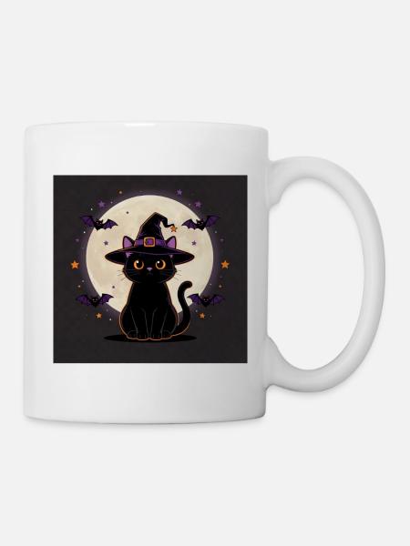 Halloween Hexenkatze – Witchy Cat & Vollmond - Tasse - Weiß