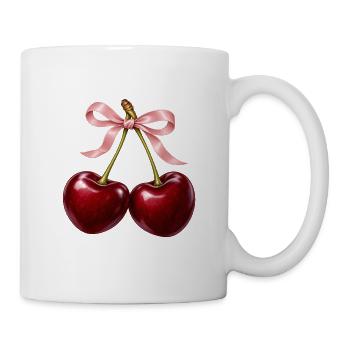 Burgunderrote Kirschen mit zartrosa Schleife - Tasse - Weiß - Rechts