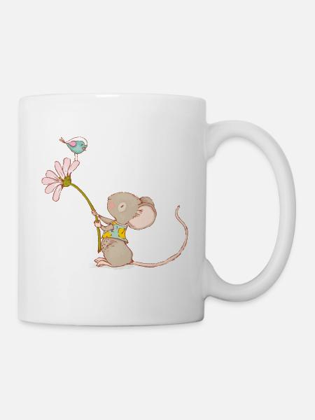 Souris avec des fleurs et des oiseaux - Mug blanc - blanc