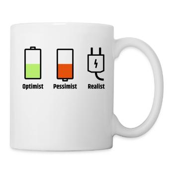 Akku-Philosophie: Optimist Pessimist Realist - Tasse - Weiß - Rechts