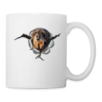 Rauhaardackel im *Metall-Loch* - Tasse - Weiß - Rechts