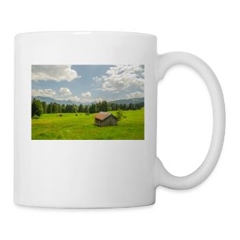 Mountain meadow with hut in front of the Alps - Mug - white - Right