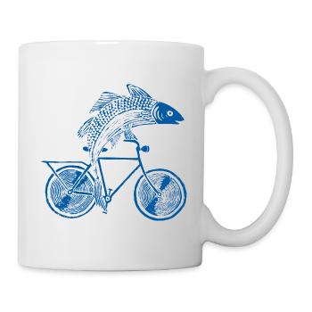 Fisch mit Fahrrad /Motiv in blau, weiß und schwarz - Tasse - Weiß - Rechts