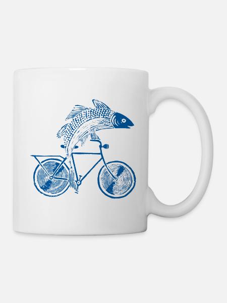 Fisch mit Fahrrad /Motiv in blau, weiß und schwarz - Tasse - Weiß