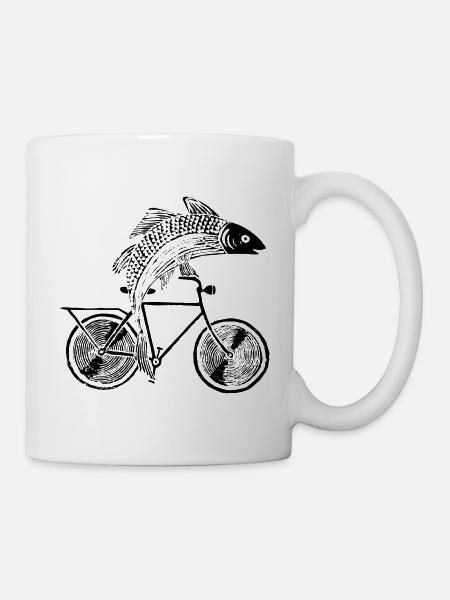 Poisson avec vélo /motif en noir, blanc et bleu - Mug blanc - blanc