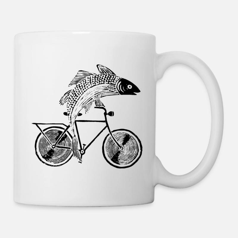 Poisson avec vélo /motif en noir, blanc et bleu - Mug blanc - blanc