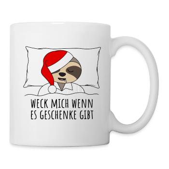 Weck mich wenn es Geschenke gibt Faultier im Bett - Tasse - Weiß - Rechts