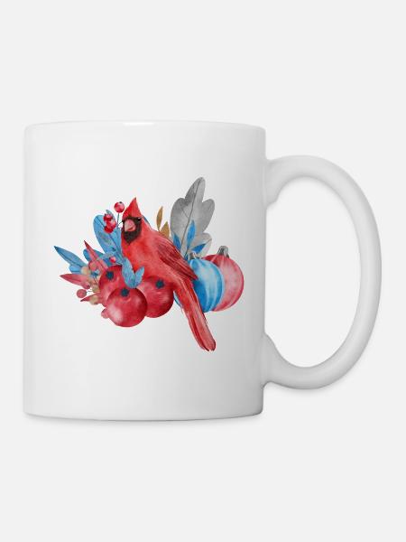 Roter Kardinal und Weihnachtsschmuck - Tasse - Weiß
