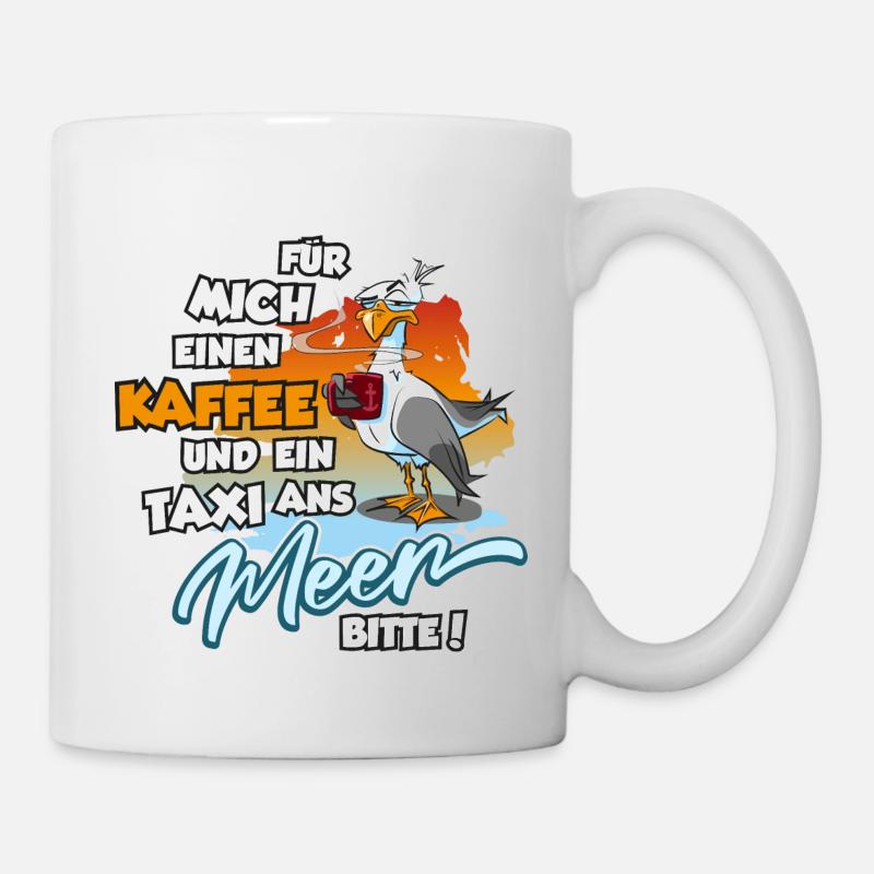 Möwe mit Kaffee und Taxi zum Meer, Moewe - Tasse - Weiß