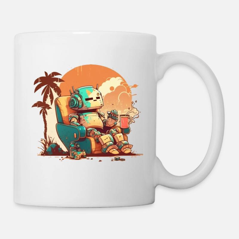 Ein ruhender alter Roboter auf orangefarbenem Hintergrund. - Tasse - Weiß