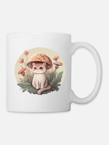 Ästhetische Katze Fliegenpilz Hut Pilz Cottagecore - Tasse - Weiß