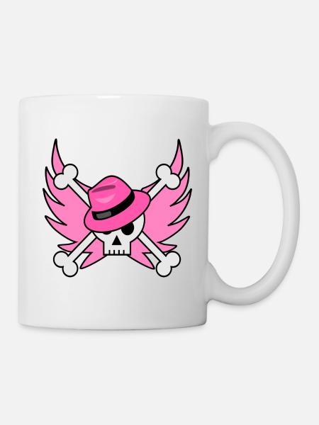 Flying Skull mit pinkfarbenem Hut und rosa Flügeln - Tasse - Weiß