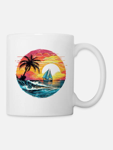 Segeln, Sonnenuntergang, Meer, Palmen, Segelboot - Tasse - Weiß