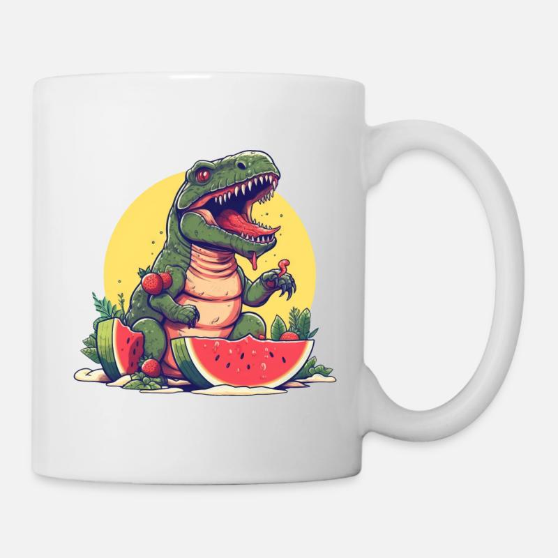 Dino T-Rex mit Melone und Erdbeere - Sunset Design - Tasse - Weiß