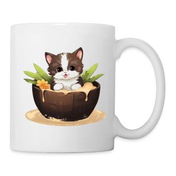 Katze mit Kokosnuss, Süßes Sommerdesign - Tasse - Weiß - Rechts