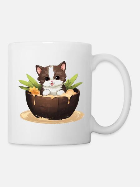 Katze mit Kokosnuss, Süßes Sommerdesign - Tasse - Weiß
