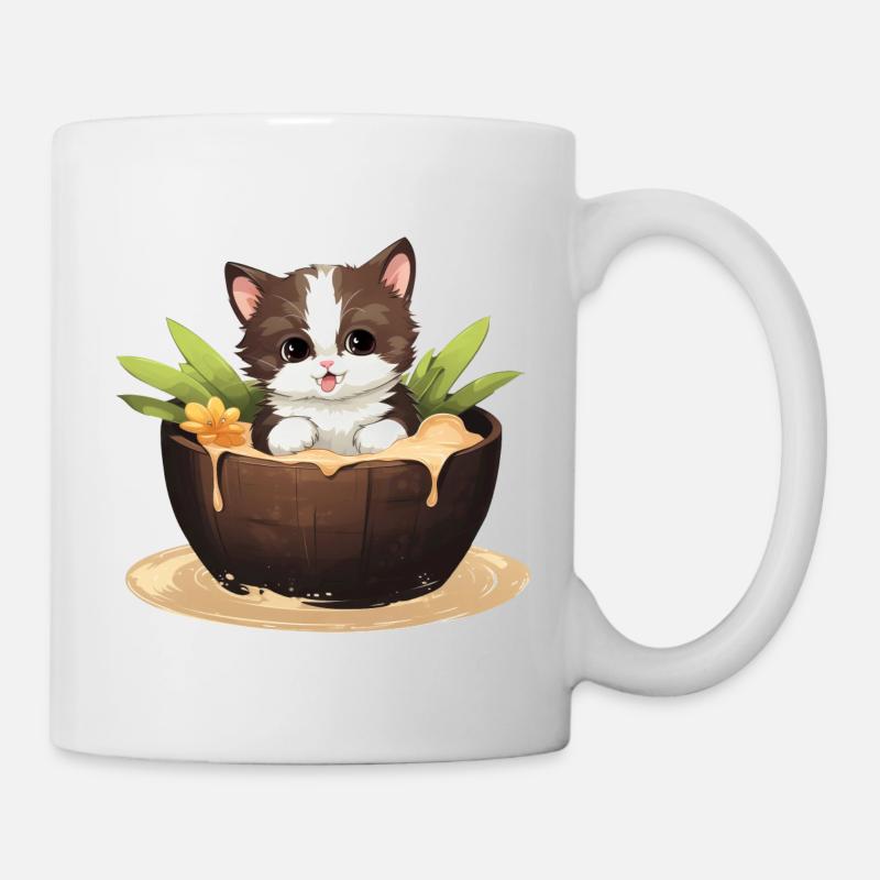 Katze mit Kokosnuss, Süßes Sommerdesign - Tasse - Weiß