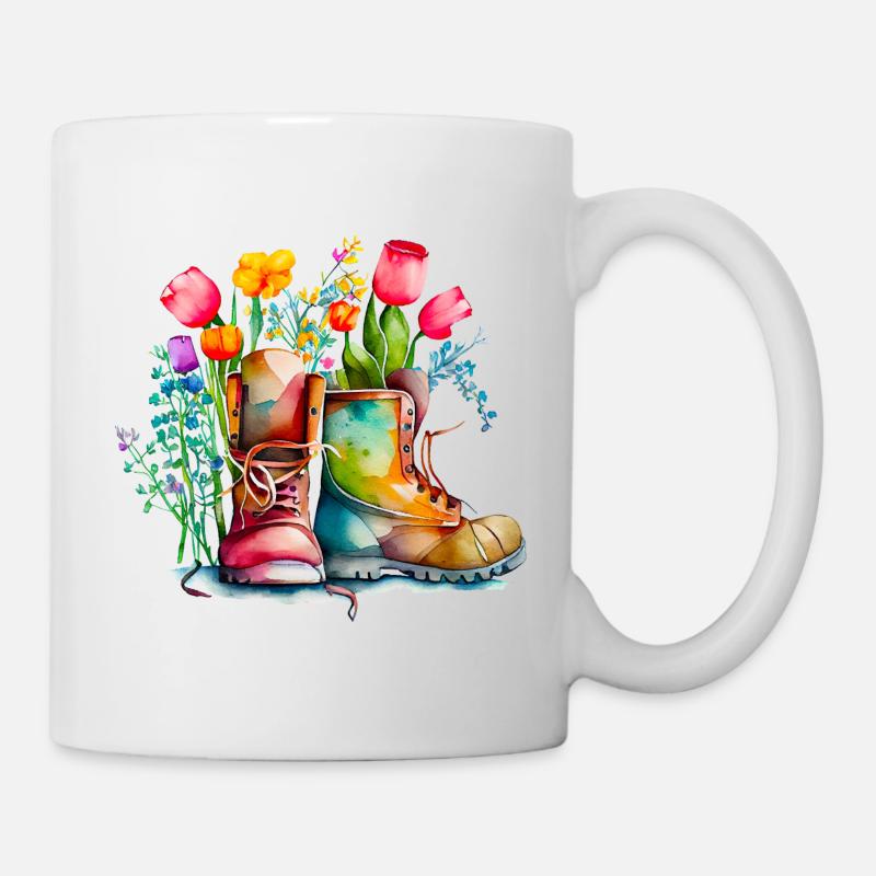 Gartenstiefel mit Blumen, Gartenfreude, Gärtner - Tasse - Weiß