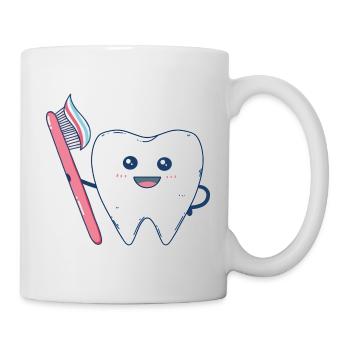 Lustiger Zahn putzt sich die Zähne mit Zahnbürste - Tasse - Weiß - Rechts