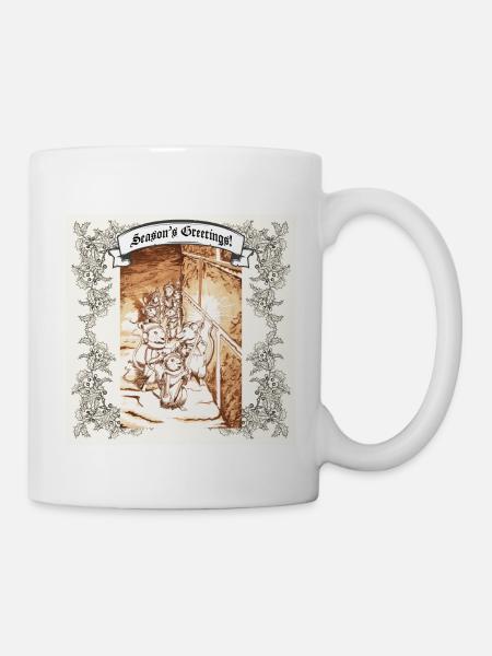 Christmas Mice, carol singing mice, antique, sepia - Mug - white