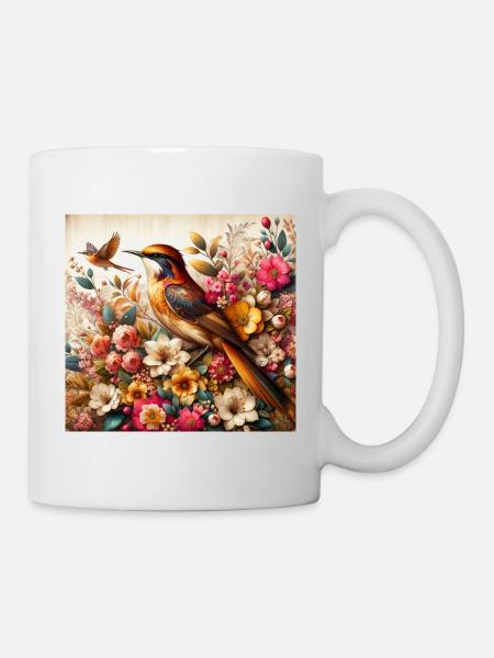 Botanical Serenade: Bird Amidst Blooms - Tasse - Weiß