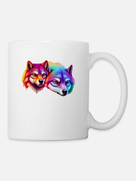 Cute Animal Characters colorful wolf with flowers - Mug - white