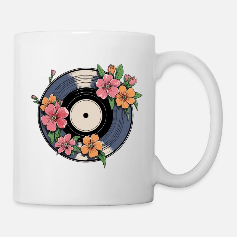 Blumen auf Schallplatte - Retro Vinyl Artwork - Tasse - Weiß