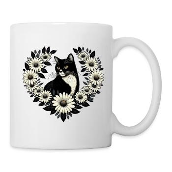 Elegantes schwarzes Katzen-Blumenherz - Tasse - Weiß - Rechts