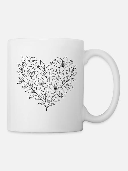 Florales Herzmuster, Blumenranke filigran - Tasse - Weiß