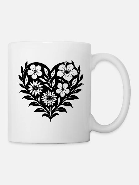 Blumenherz - Blumenmuster Herz auf Schwarz - Tasse - Weiß