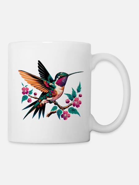 Vibrant Hummingbird on Blooming Branch - Mug - white