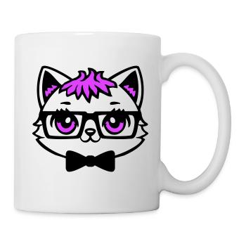 Katze Nerd Streber Brille Fliege Pink Haare Geek - Tasse - Weiß - Rechts