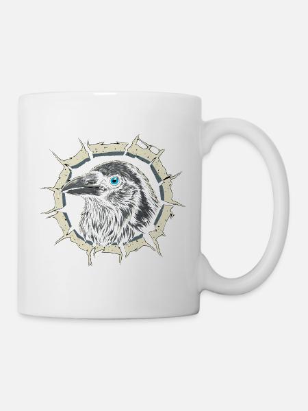 Gothic Krähe guckt aus Riss - Rabe - Tasse - Weiß