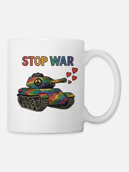 Regenbogen Panzer mit Peace-Zeichen – STOP WAR - Tasse - Weiß