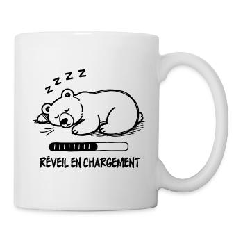 Schwarz-Weiß-Schläferbär, Wecker lädt sich auf - Tasse - Weiß - Rechts