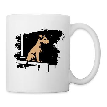 Hund im Regen auf Dach im stilisierten Comic Stil - Tasse - Weiß - Rechts