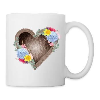 Herzförmiges Vogelnest mit Frühlingsblüten - Tasse - Weiß - Rechts