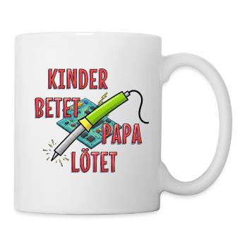 Children praying, dad soldering - Mug - white - Right