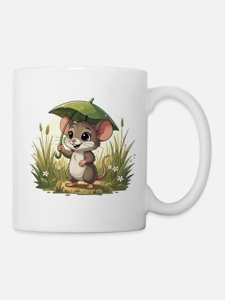 Kleines Mäuschen mit Schirm im Gras - Tasse - Weiß