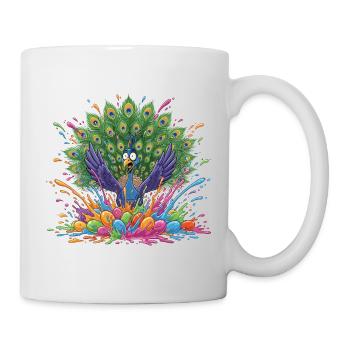 Pfau mit Farbschleuder-Panorama - Tasse - Weiß - Rechts