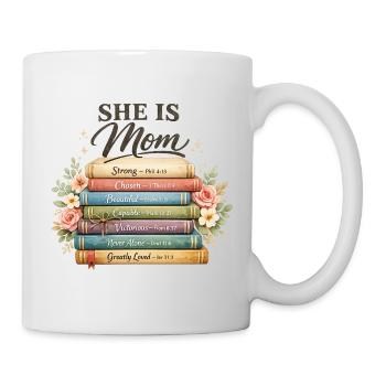 Bibelvers, Mama-Shirt – Stark, Schön, Auserwählt, - Tasse - Weiß - Rechts